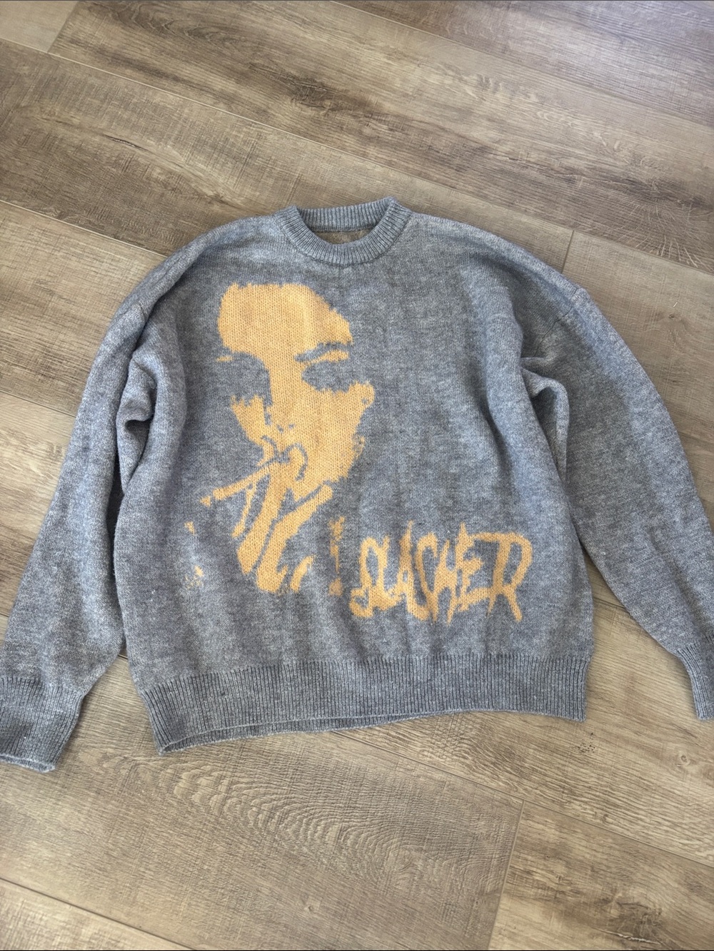 Gray & Mustard Graphic Knit Sweater - women’s Slasher smoking